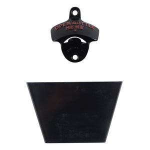 Starr Black Cast Iron Open Bottle Here Opener With Plastic Cap Catcher Set
