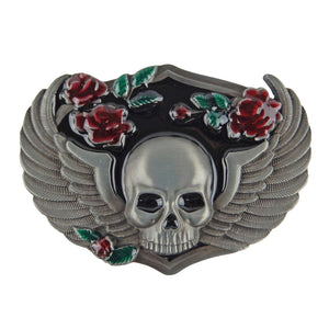 Women's Biker Skull Wings Rose Belt Buckle Antique Silver Tone Fits 1.5" Belt