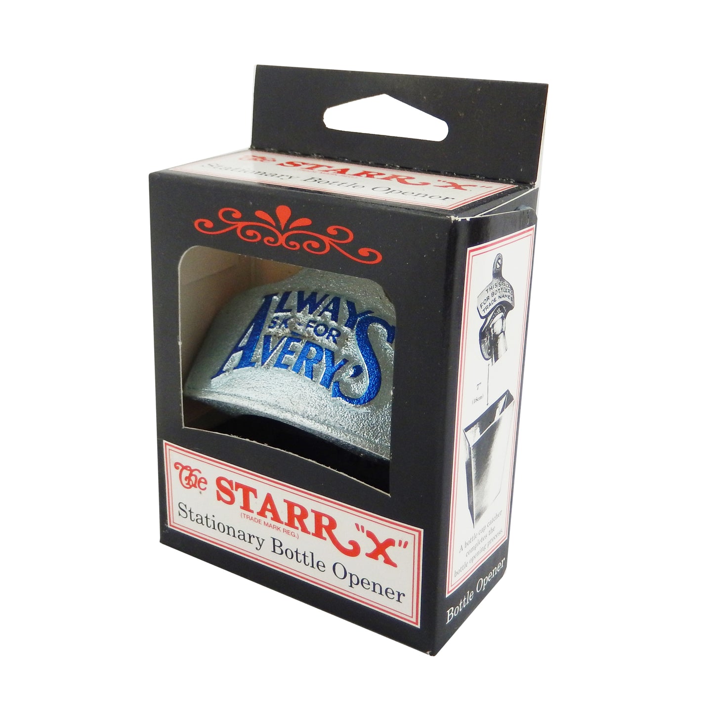 Starr Embossed Cast Iron Avery's Soda Beer Bottle Opener Wall Mount Zinc Plated