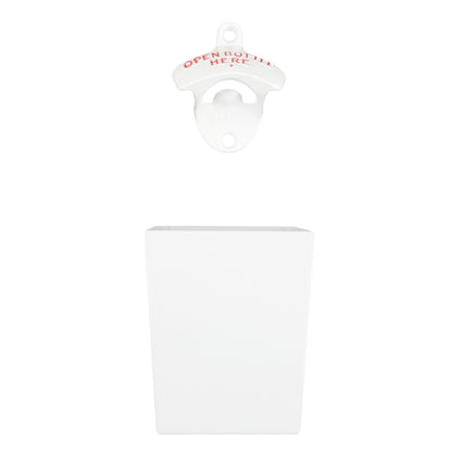 Starr X White Open Bottle Here Opener With Metal Cap Catcher Set Wall Mounted