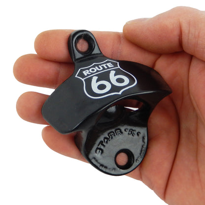 Starr Route 66 Cast Iron Beer Soda Bottle Opener Black Powder Coated Wall Mount