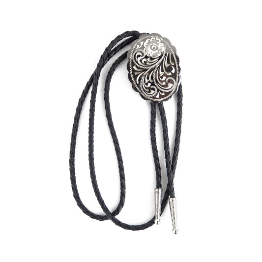Engraved Floral Bolo Tie Adjustable 36" Cord USA Made Western German Silver