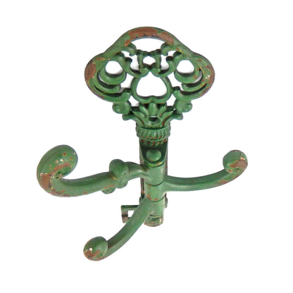 Victorian Style Metal Key Shaped Swivel Wall Hook 3 Arms Coat Towel Hanger Green