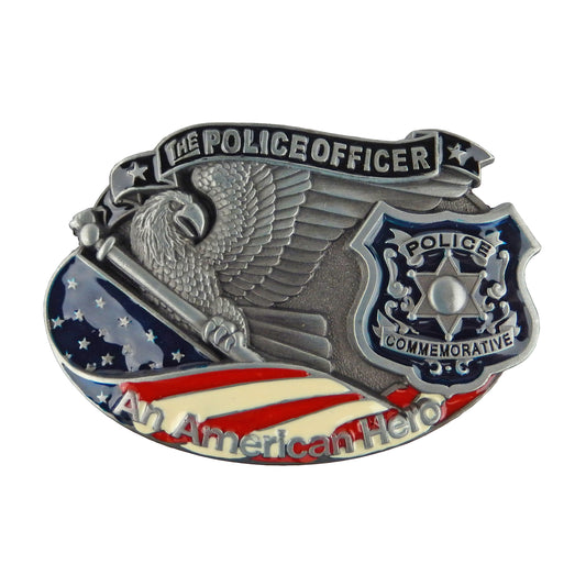Police Officer Hero Belt Buckle Silver Tone Fits 1.5" Belts Enamel U.S. Flag