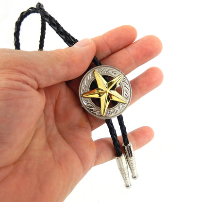 Gold Texas Star Silver Concho Bolo Tie 40" Adjustable Genuine Leather Cord