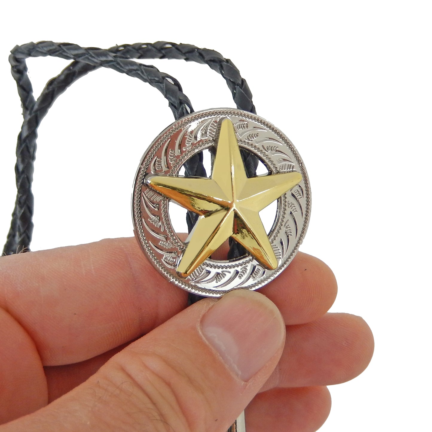 Gold Texas Star Silver Concho Bolo Tie 40" Adjustable Genuine Leather Cord