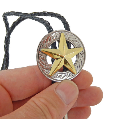 Gold Texas Star Silver Concho Bolo Tie 40" Adjustable Genuine Leather Cord