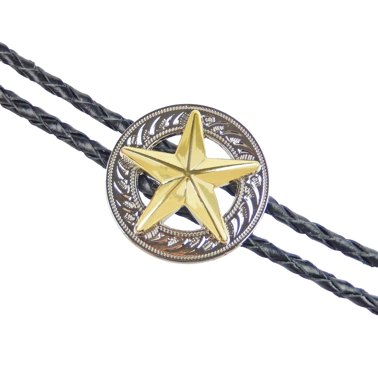 Gold Texas Star Silver Concho Bolo Tie 40" Adjustable Genuine Leather Cord