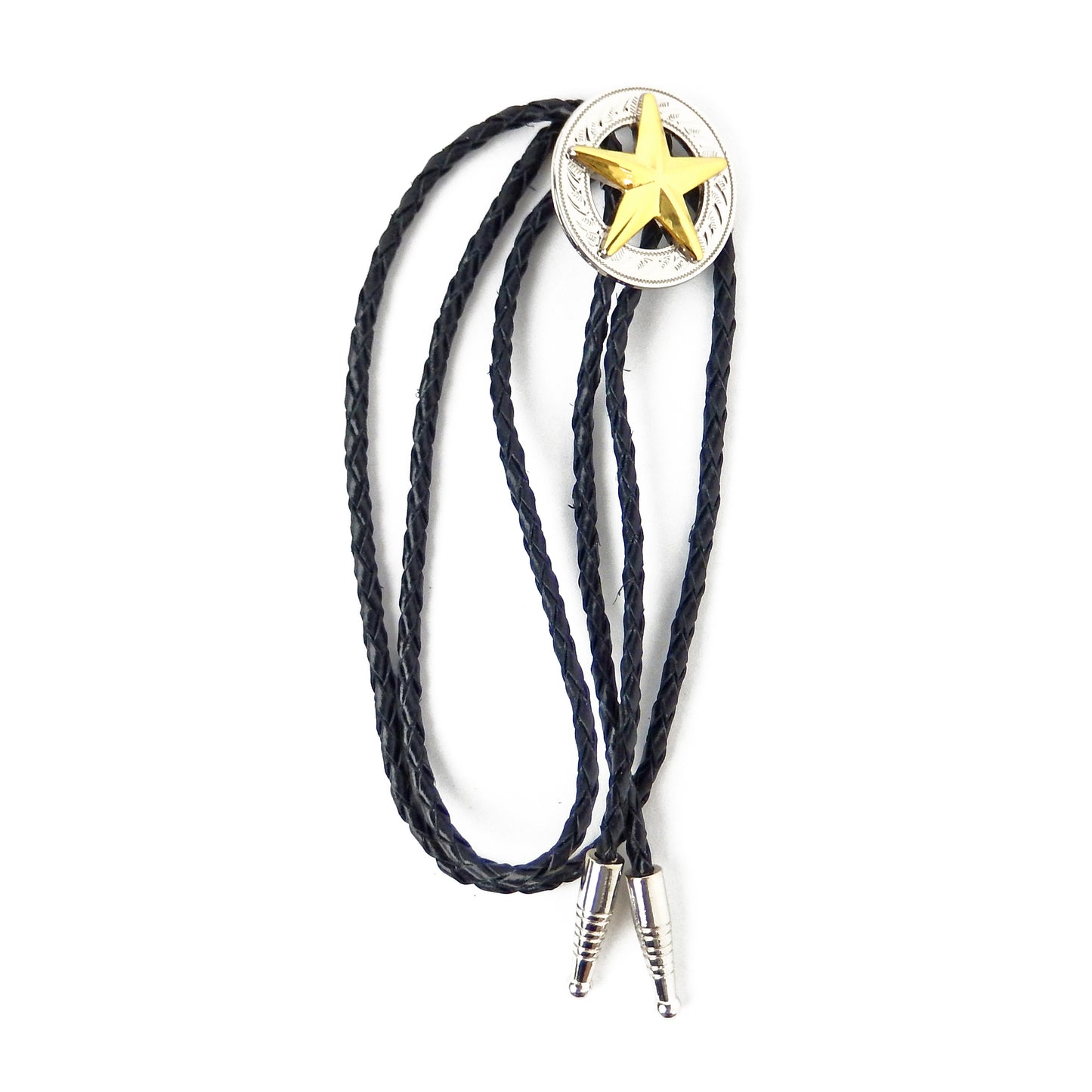 Gold Texas Star Silver Concho Bolo Tie 40" Adjustable Genuine Leather Cord