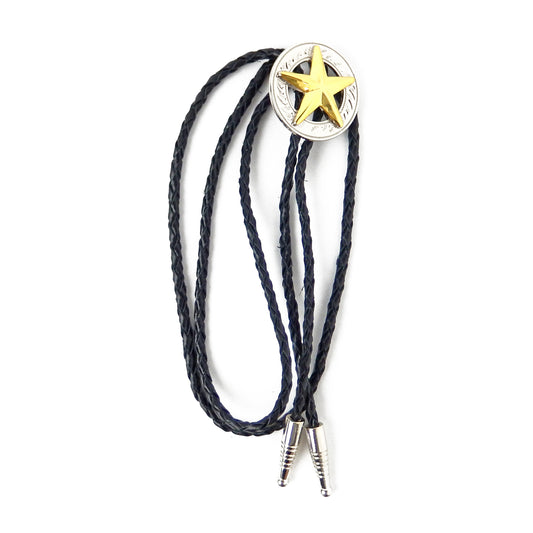 Gold Texas Star Silver Concho Bolo Tie 40" Adjustable Genuine Leather Cord