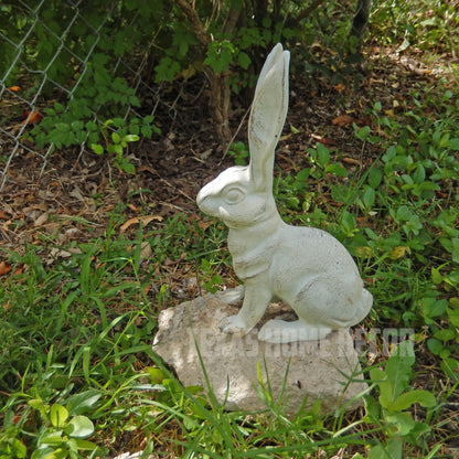 Large Rabbit Figurine Garden Statue Heavy Duty Cast Iron Antique White 10.5 inch