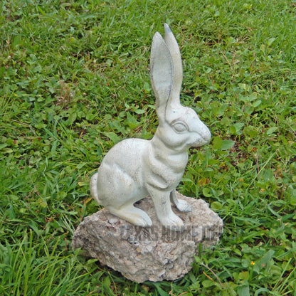 Large Rabbit Figurine Garden Statue Heavy Duty Cast Iron Antique White 10.5 inch