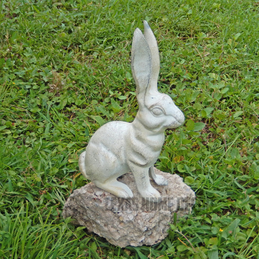 Large Rabbit Figurine Garden Statue Heavy Duty Cast Iron Antique White 10.5 inch