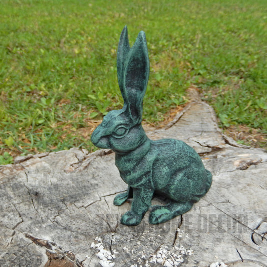 Large Rabbit Figurine Garden Statue Heavy Duty Cast Iron Verdigris Green 10.5"