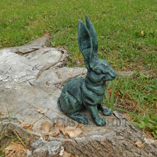 Large Rabbit Figurine Garden Statue Heavy Duty Cast Iron Verdigris Green 10.5"