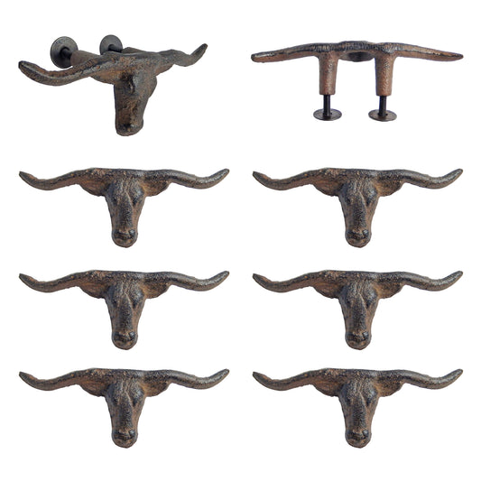 Rustic Cast Iron Longhorn Steer Drawer Pull Handle Knob Brown 4.75" (Pack of 6)