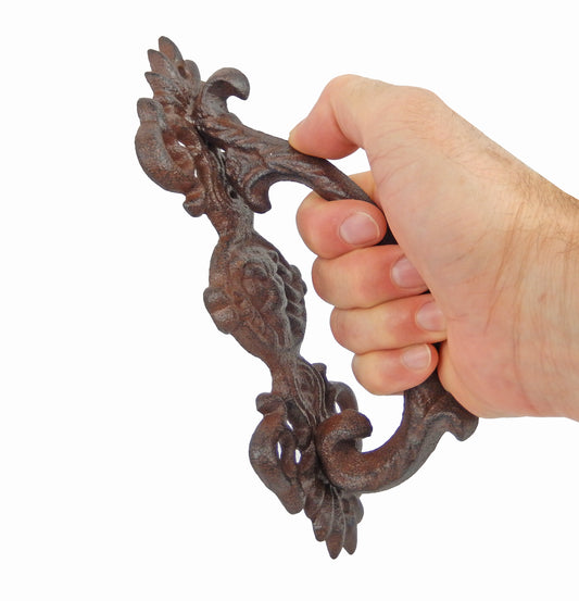 Large Lion Face Door Handle Pull Cast Iron Antique Brown Ornate Style 9 inch