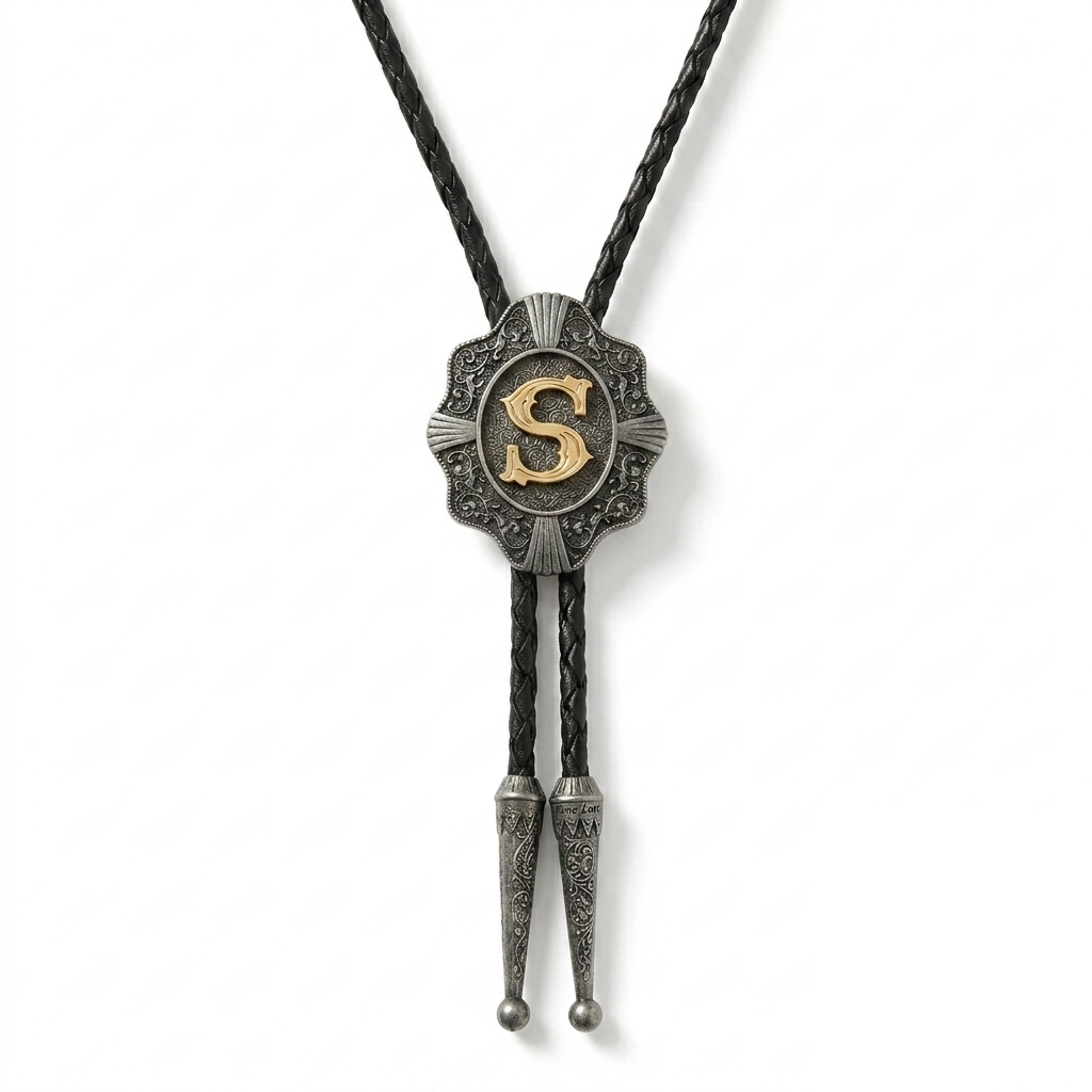Initial Letter "S" Bolo Tie Western 38" Braided Leather Cord Detailed Tips