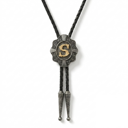 Initial Letter "S" Bolo Tie Western 38" Braided Leather Cord Detailed Tips