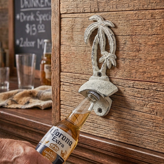 Palm Trees Bottle Opener Beer Soda Cast Iron Wall Mounted Rustic Off-White