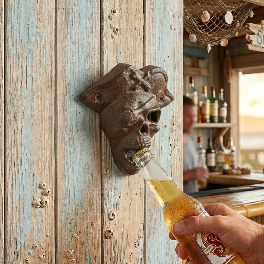Pirate Skull Beer Bottle Opener Wall Mounted Rustic Brown Cast Iron Nautical Bar