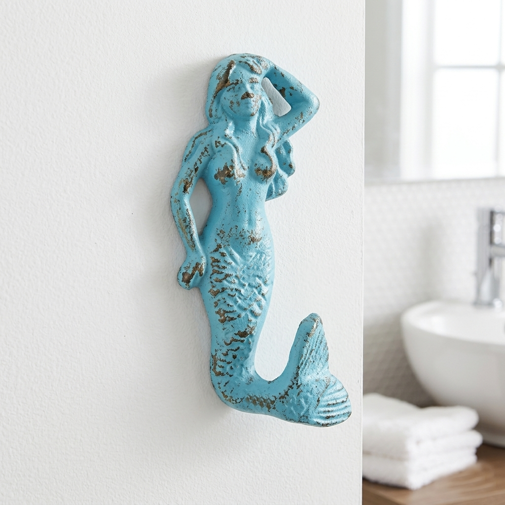 Cast Iron Mermaid Tail Wall Hook Towel Coat Hanger Rustic Blue Nautical Decor
