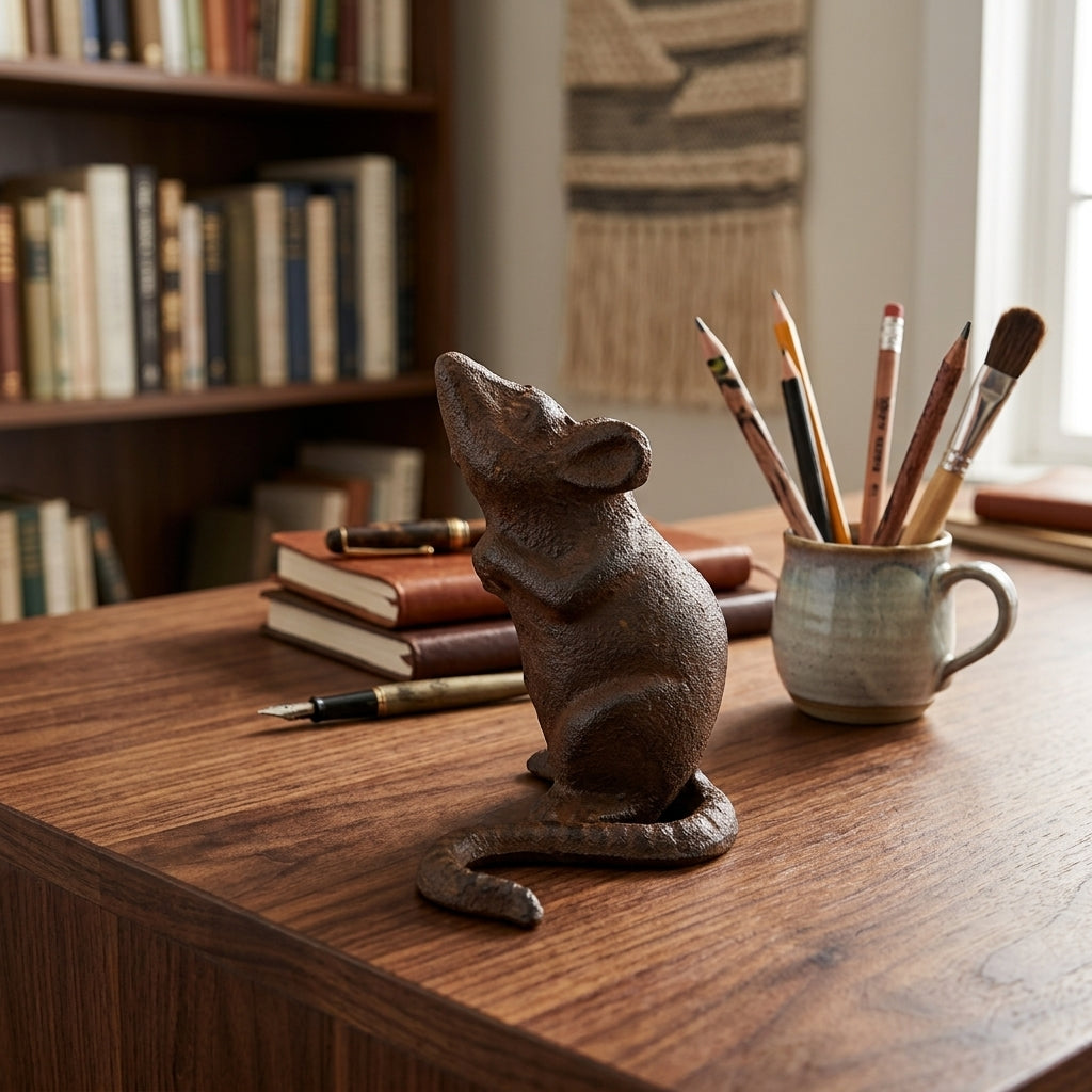 Cast Iron Mouse Sniffing Figurine Statue Paperweight Rustic Antique Brown 4 inch
