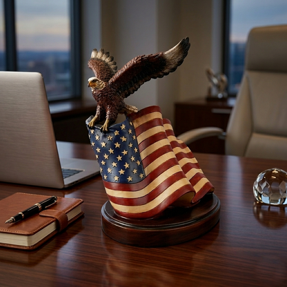 Bald Eagle American Flag Figurine Statue Patriotic Decor Hand Painted Polyresin