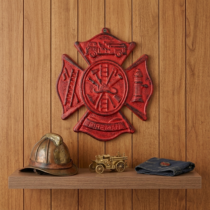 Cast Iron Red Fireman Firefighter Wall Decor Emblem Logo Plaque Maltese Cross