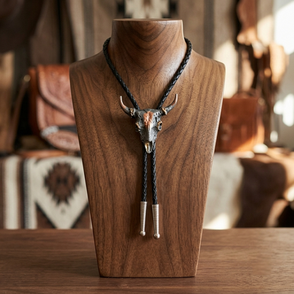 Western Tri-Color Steer Head Skull Bolo Tie Adjustable 36 inch Cord Made in USA