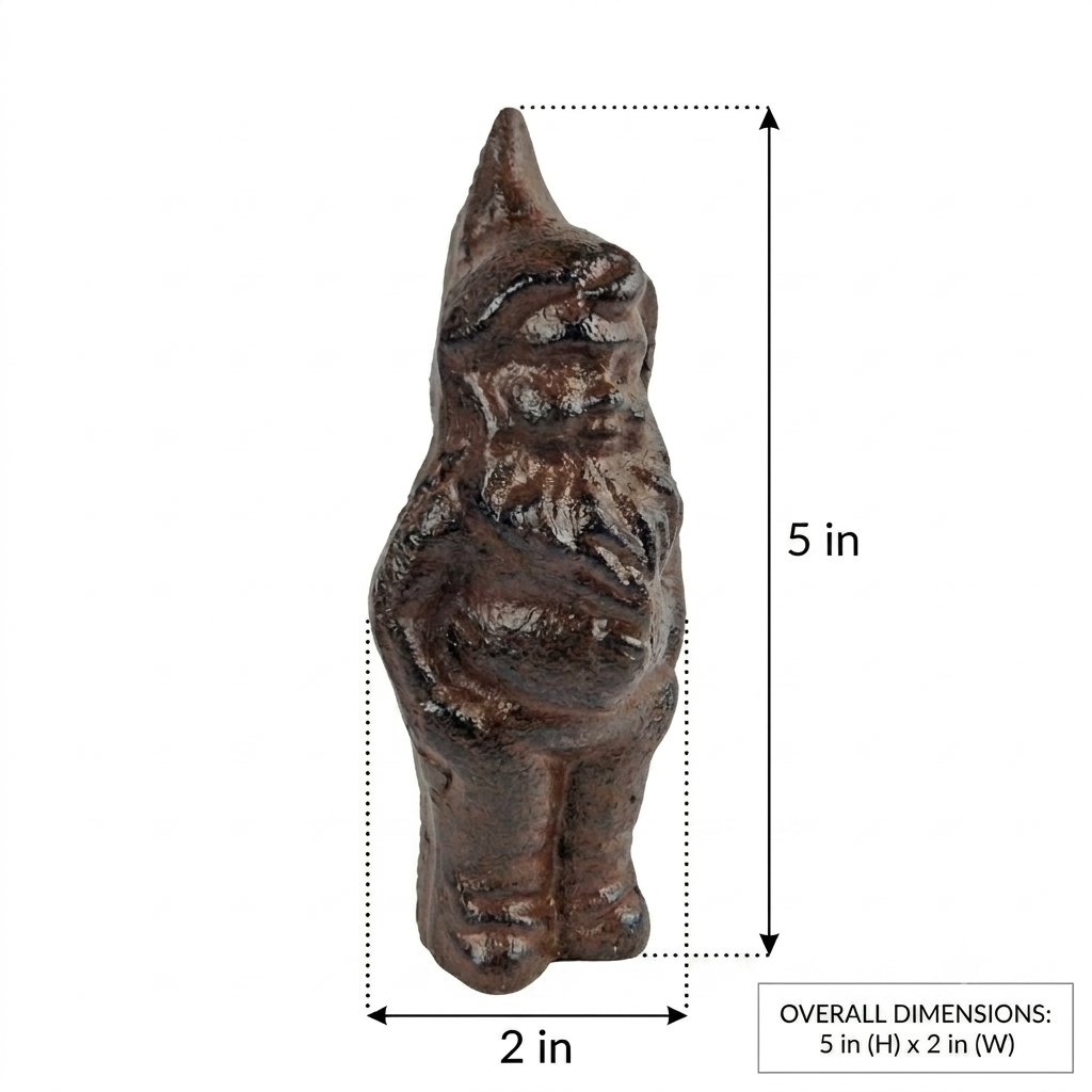 Small Cast Iron Garden Gnome Figurine Shelf Sitter Rustic Brown Patina 5 in Tall