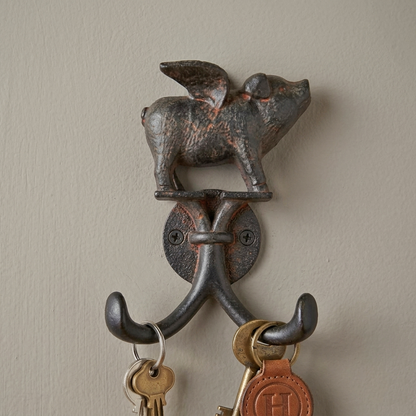 Metal Flying Pig Double Wall Hook Key Coat Towel Hanger Rustic Antique Style