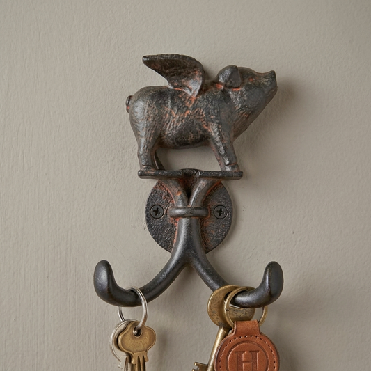 Metal Flying Pig Double Wall Hook Key Coat Towel Hanger Rustic Antique Style
