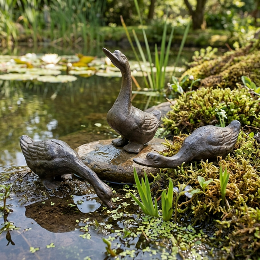 Set of 3 Cast Iron Geese Figurines Statues Garden Yard Pond Decor Rustic