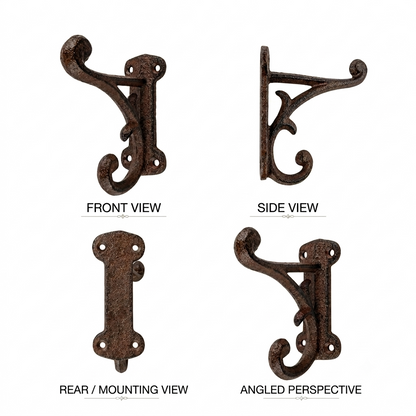 4 Cast Iron Rustic Vines Double Wall Hook Key Towel Coat Purse Door Hanger Brown