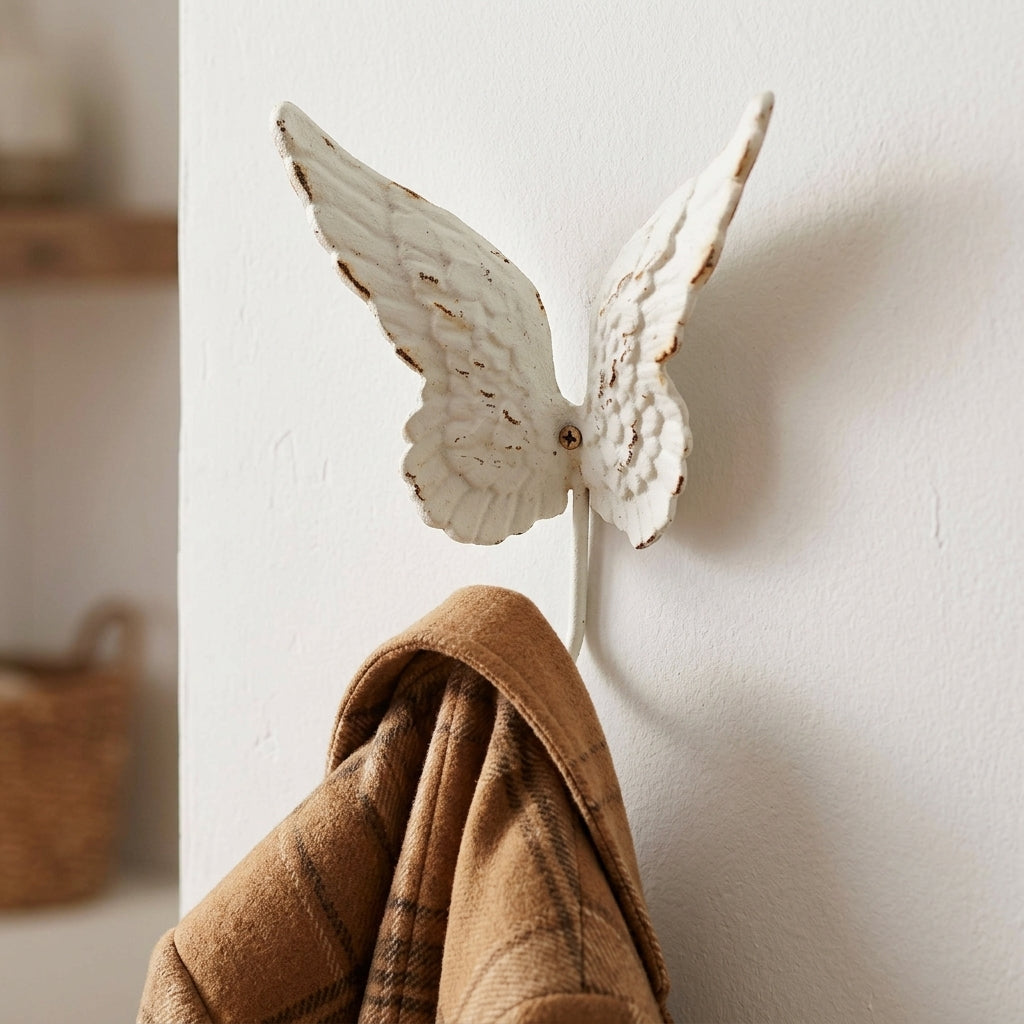 Rustic Cast Iron Angel Wings Wall Hook Distressed White Coat Towel Hanger Decor