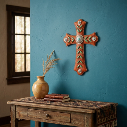 Southwestern Turquoise Beads Wall Cross Brown Leather Look Silver Conchos 11.75 inch
