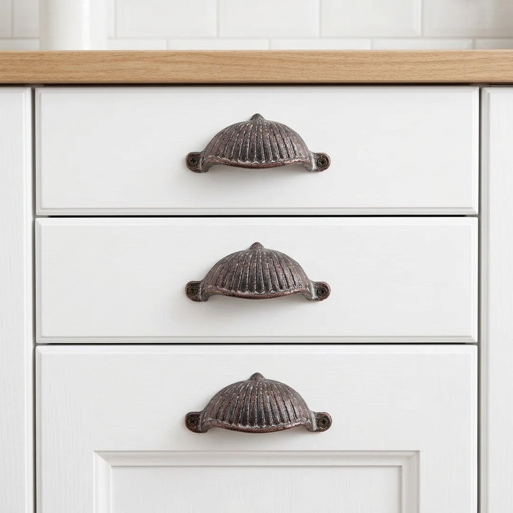 Shell Cup Bin Drawer Pull Cabinet Handle Cast Iron Antique Style with Screws