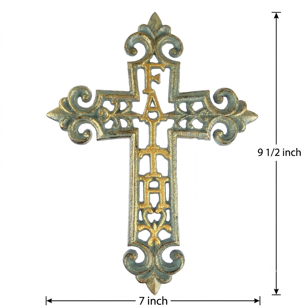 Cast Iron Faith Fleur De Lis Wall Cross Decor Verdigris Green & Gold 9.5 inch
