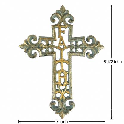 Cast Iron Faith Fleur De Lis Wall Cross Decor Verdigris Green & Gold 9.5 inch