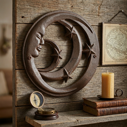 Moon Face Stars Wall Decor Heavy Duty Cast Iron Rustic Brown 11 3/4 inch