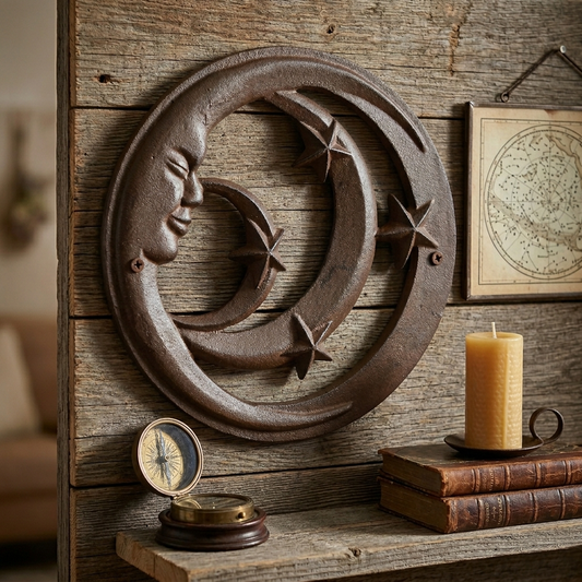 Moon Face Stars Wall Decor Heavy Duty Cast Iron Rustic Brown 11 3/4 inch