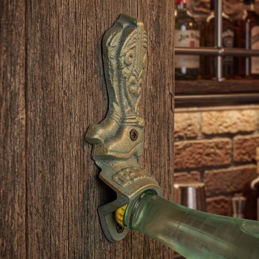 Cast Iron Cowboy Boots Bar Open Here Beer Bottle Opener Wall Mounted Verdigris