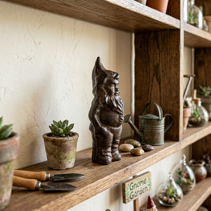Small Cast Iron Garden Gnome Figurine Shelf Sitter Rustic Brown Patina 5 in Tall