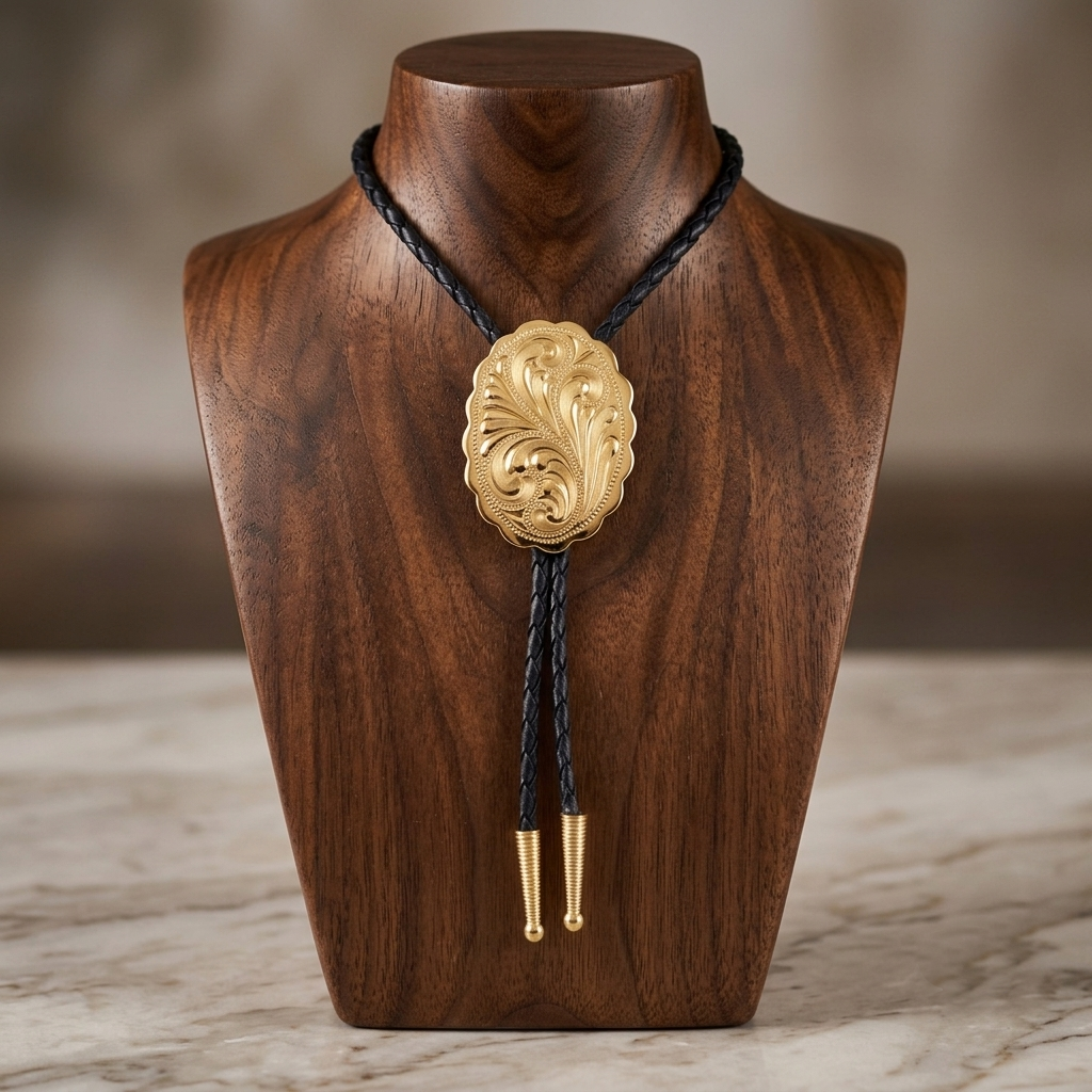 Yellow Gold Plated Etched Floral Oval Bolo Tie 36 inch Black Cord Made in USA
