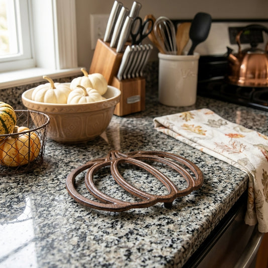 Cast Iron Pumpkin Trivet Vintage Rustic Kitchen Hot Pad Stand Autumn Fall Decor