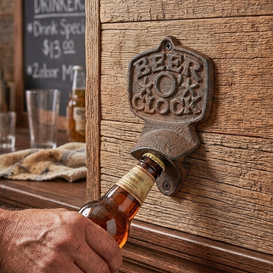 Cast Iron Beer O' Clock Beer Soda Bar Bottle Opener Wall Mounted Rustic Brown