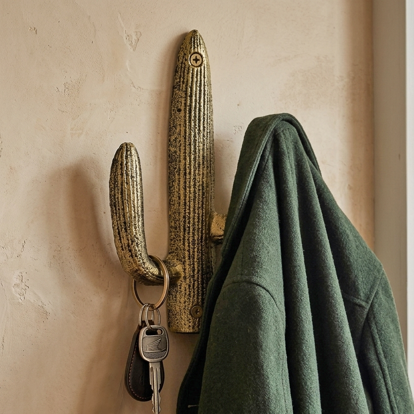 Cast Iron Cactus Double Wall Hook Rustic Gold Southwest Coat Towel Purse Hanger