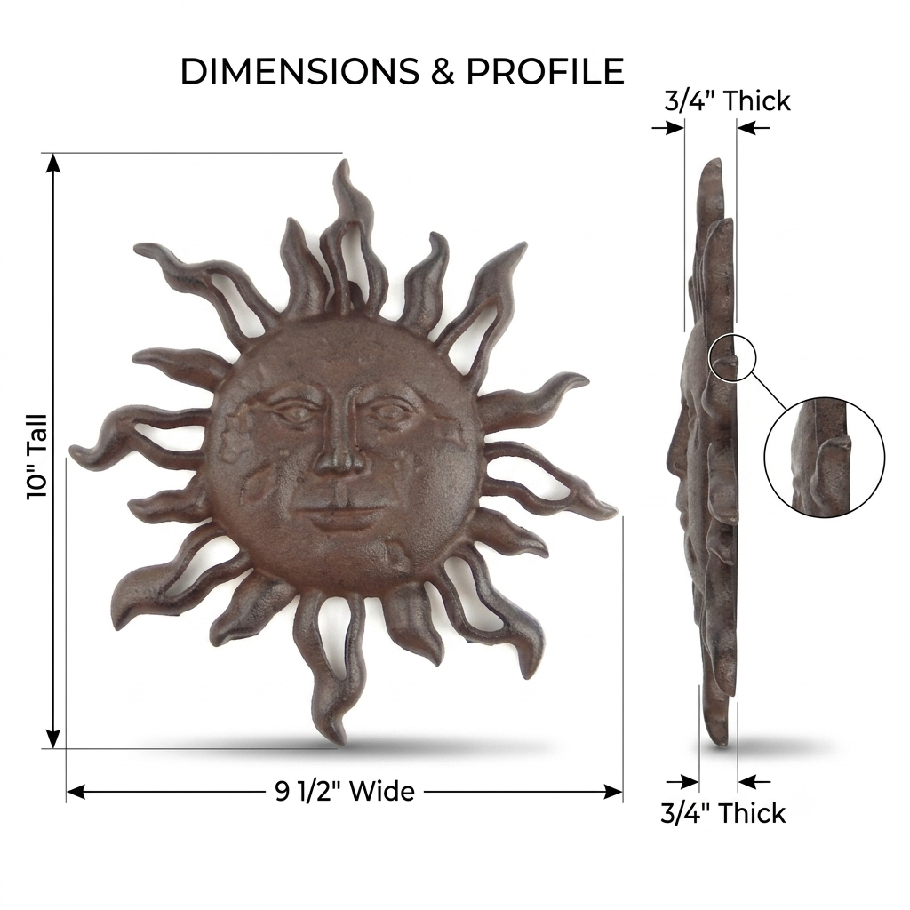 Cast Iron Sun Face Rays Wall Decor Heavy Duty Rustic Antique Brown Patina