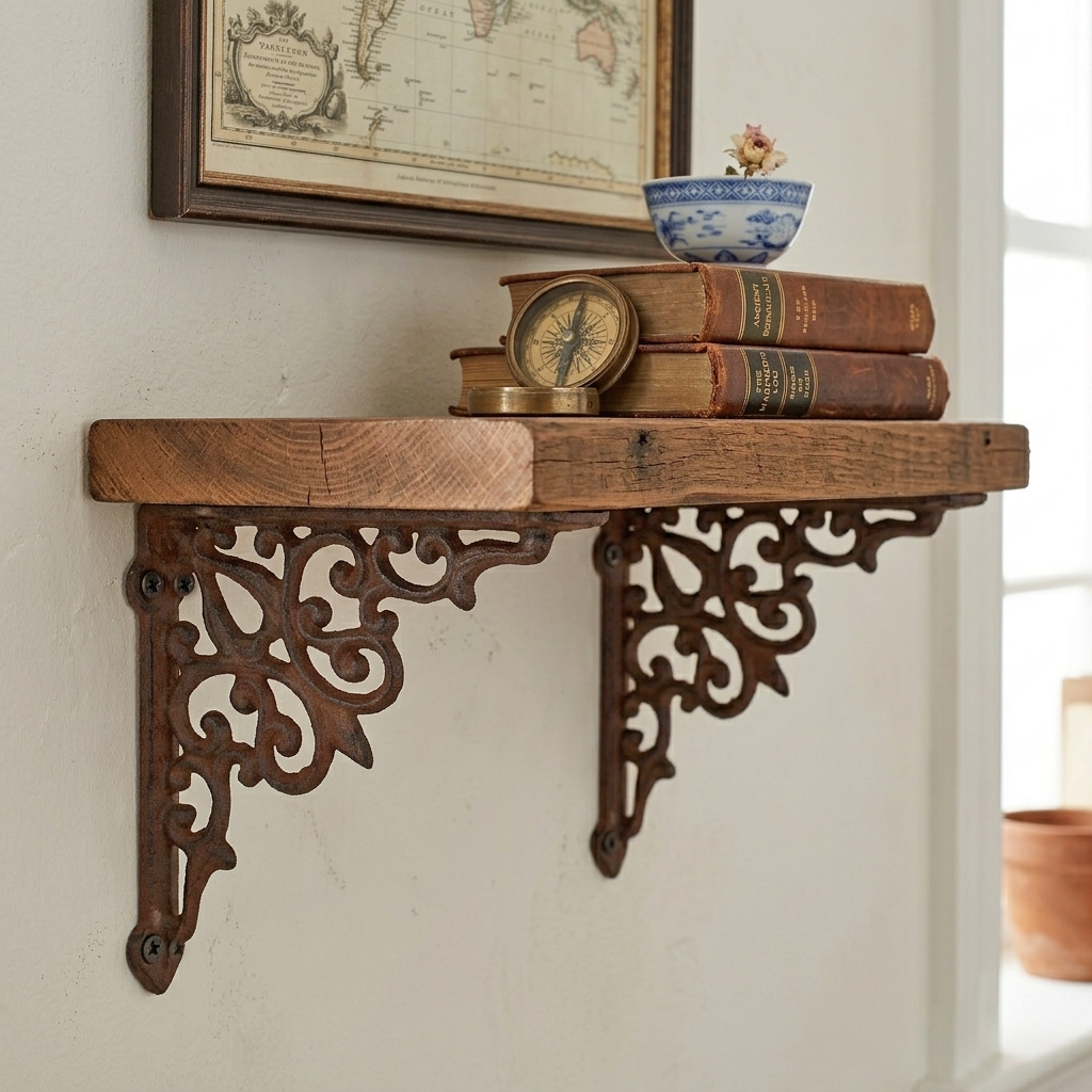 2 Cast Iron Fleur De Lis Vines Shelf Bracket Corner Brace Rustic Brown 5 1/2 in